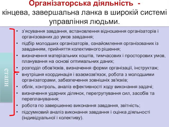 Організаторська діяльність - кінцева, завершальна ланка в широкій системі управління