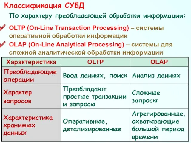 По характеру преобладающей обработки информации: ОLTP (On-Line Transaction Processing) – системы оперативной обработки