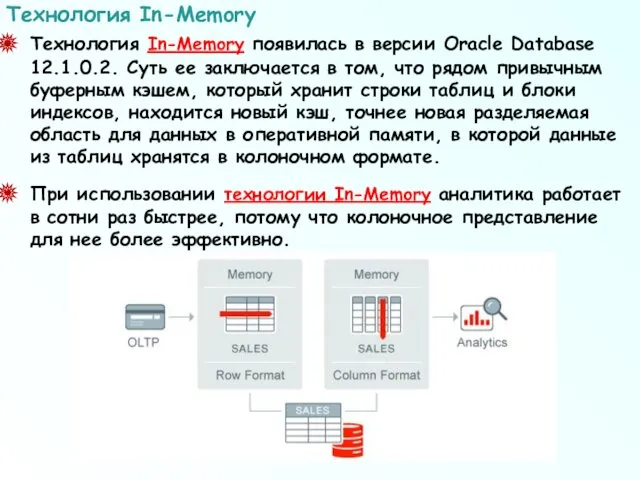 Технология In-Memory появилась в версии Oracle Database 12.1.0.2. Суть ее