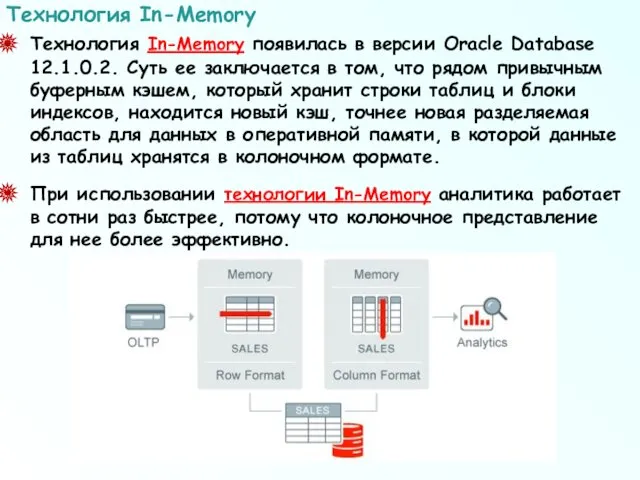 Технология In-Memory появилась в версии Oracle Database 12.1.0.2. Суть ее заключается в том,