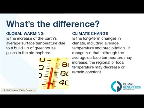 What’s the difference? GLOBAL WARMING Is the increase of the Earth’s average surface