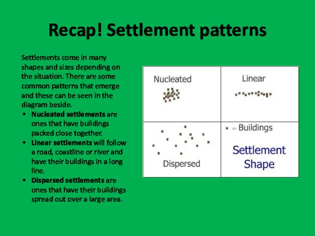 Recap! Settlement patterns Settlements come in many shapes and sizes