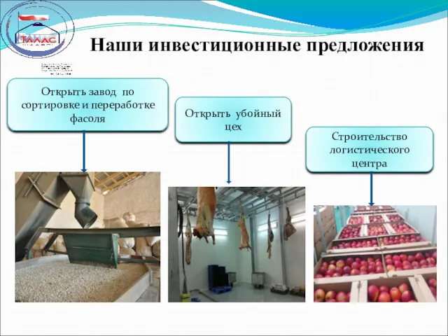 Наши инвестиционные предложения Открыть завод по сортировке и переработке фасоля Строительство логистического центра Открыть убойный цех