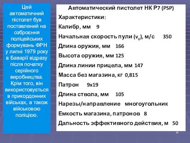 Автоматический пистолет НК Р7 (PSP) Характеристики: Калибр, мм 9 Начальная