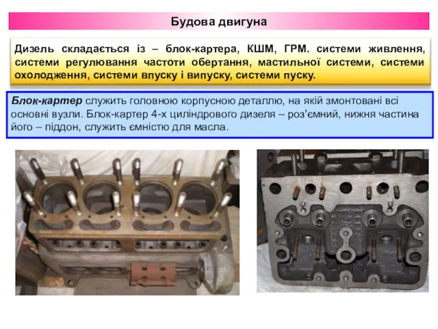 Будова двигуна Блок-картер служить головною корпусною деталлю, на якій змонтовані