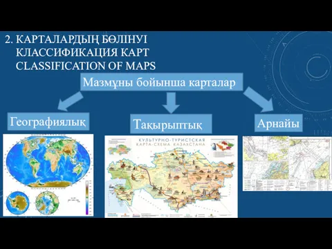2. КАРТАЛАРДЫҢ БӨЛІНУІ КЛАССИФИКАЦИЯ КАРТ CLASSIFICATION OF MAPS Mазмұны бойынша карталар Географиялық Tақырыптық Aрнайы