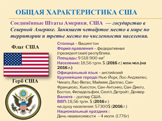 ОБЩАЯ ХАРАКТЕРИСТИКА США Флаг США Столица – Вашингтон Форма правления