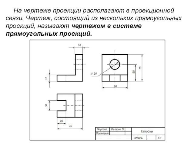 На чертеже проекции располагают в проекционной связи. Чертеж, состоящий из