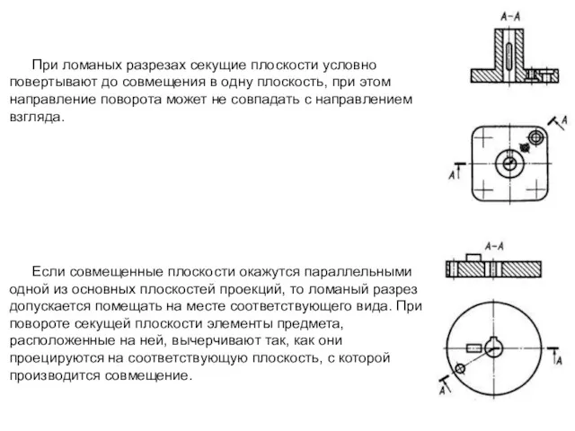 При ломаных разрезах секущие плоскости условно повертывают до совмещения в