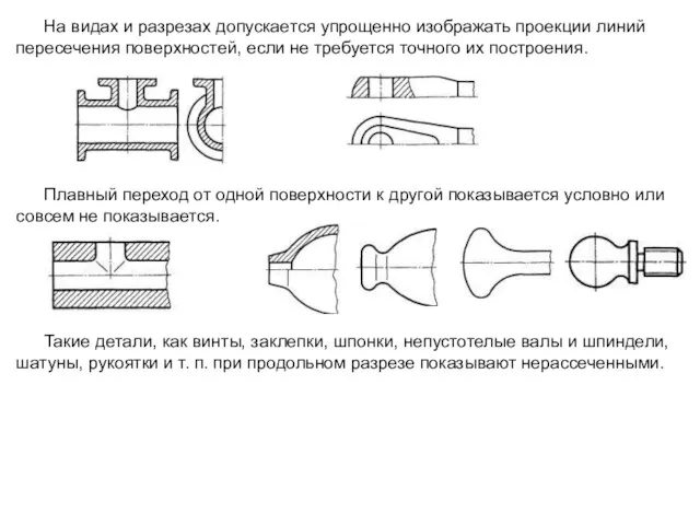 На видах и разрезах допускается упрощенно изображать проекции линий пересечения