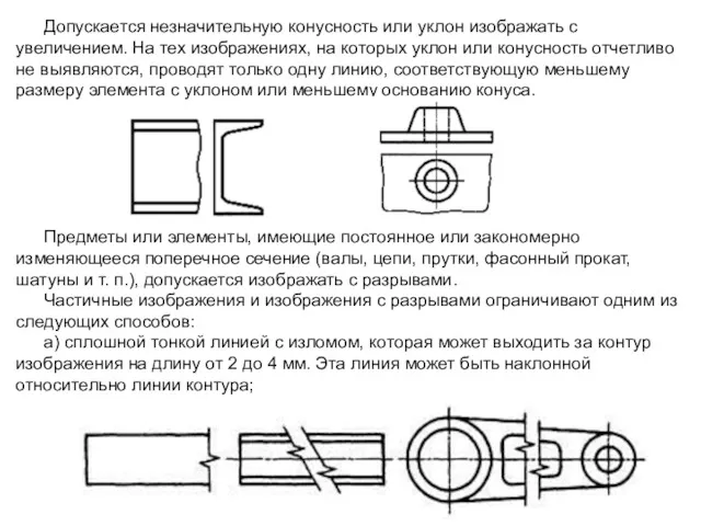 Допускается незначительную конусность или уклон изображать с увеличением. На тех