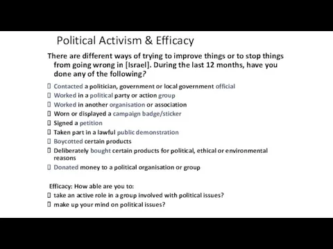Political Activism & Efficacy There are different ways of trying