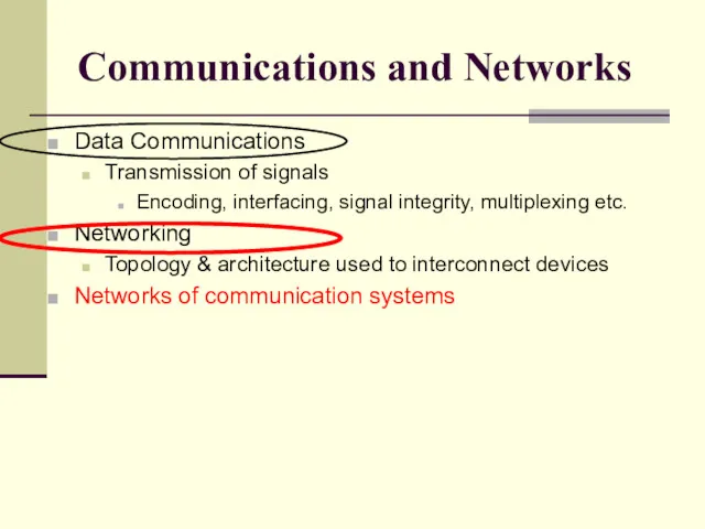 Communications and Networks Data Communications Transmission of signals Encoding, interfacing,