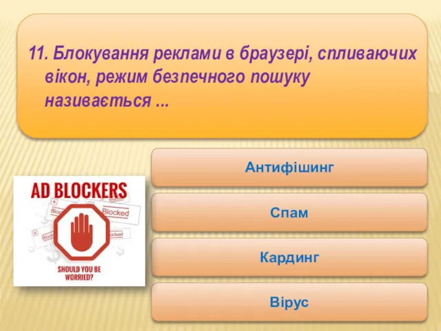 11. Блокування реклами в браузері, спливаючих вікон, режим безпечного пошуку називається ... Антифішинг Спам Кардинг Вірус
