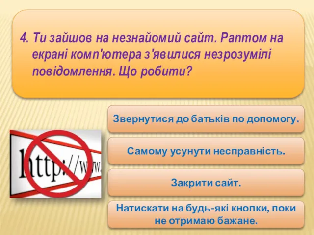 4. Ти зайшов на незнайомий сайт. Раптом на екрані комп'ютера