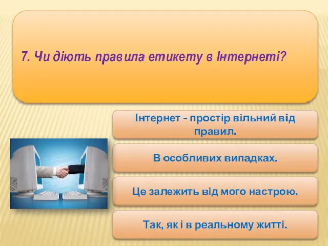 7. Чи діють правила етикету в Інтернеті? Інтернет - простір