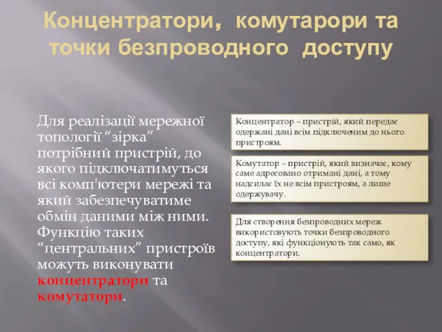 Концентратори, комутарори та точки безпроводного доступу Для реалізації мережної топології