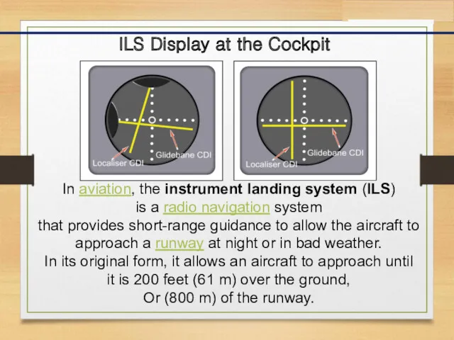 ILS Display at the Cockpit In aviation, the instrument landing system (ILS) is