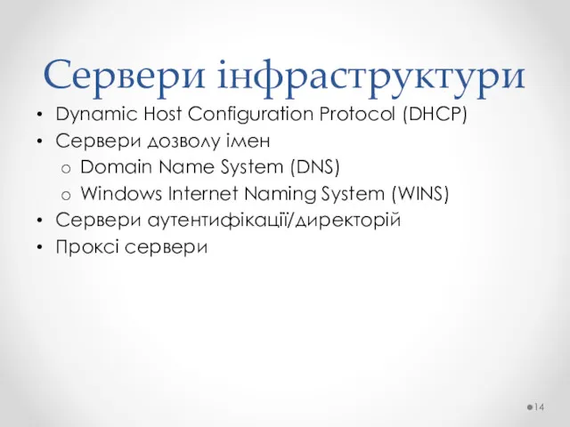 Dynamic Host Configuration Protocol (DHCP) Сервери дозволу імен Domain Name