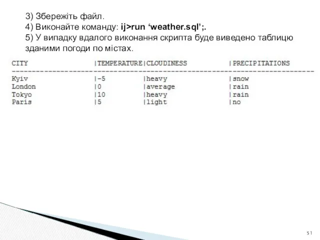 3) Збережіть файл. 4) Виконайте команду: ij>run ‘weather.sql’;. 5) У