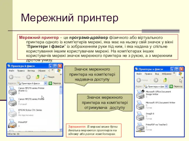 Мережний принтер Мережний принтер – це програма-драйвер фізичного або віртуального