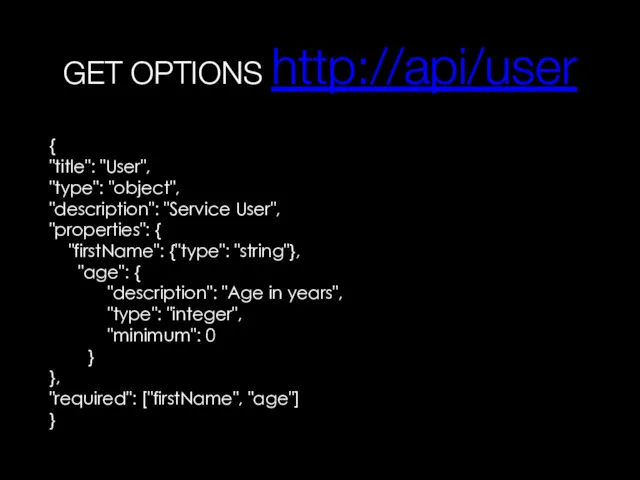 GET OPTIONS http://api/user { "title": "User", "type": "object", "description": "Service