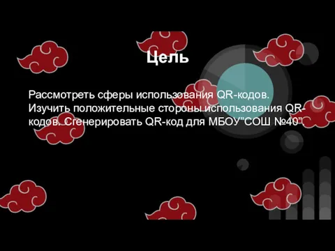 Цель Рассмотреть сферы использования QR-кодов. Изучить положительные стороны использования QR-кодов. Сгенерировать QR-код для МБОУ”СОШ №40”.