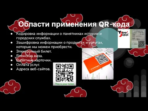 Области применения QR-кода Кодировка информации о памятниках истории и городских