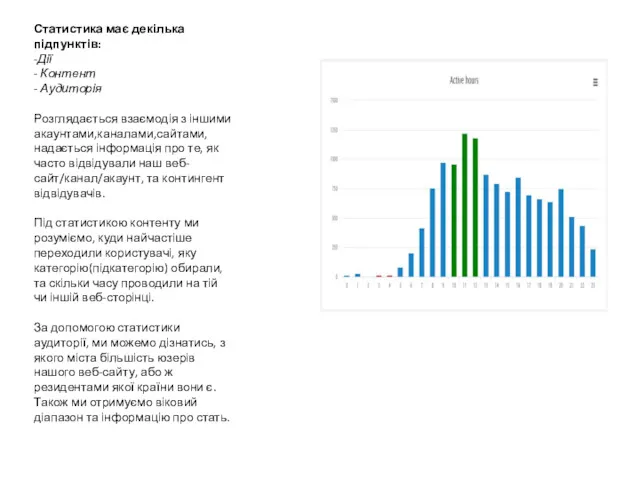 Статистика має декілька підпунктів: -Дії - Контент - Аудиторія Розглядається