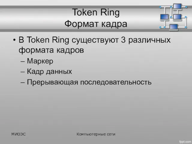 Token Ring Формат кадра В Token Ring существуют 3 различных