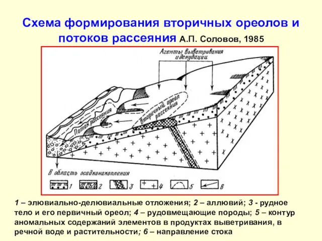 Схема формирования вторичных ореолов и потоков рассеяния А.П. Соловов, 1985 1 – элювиально-делювиальные