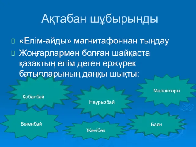 Ақтабан шұбырынды «Елім-айды» магнитафоннан тыңдау Жоңғарлармен болған шайқаста қазақтың елім