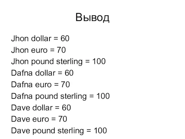 Вывод Jhon dollar = 60 Jhon euro = 70 Jhon