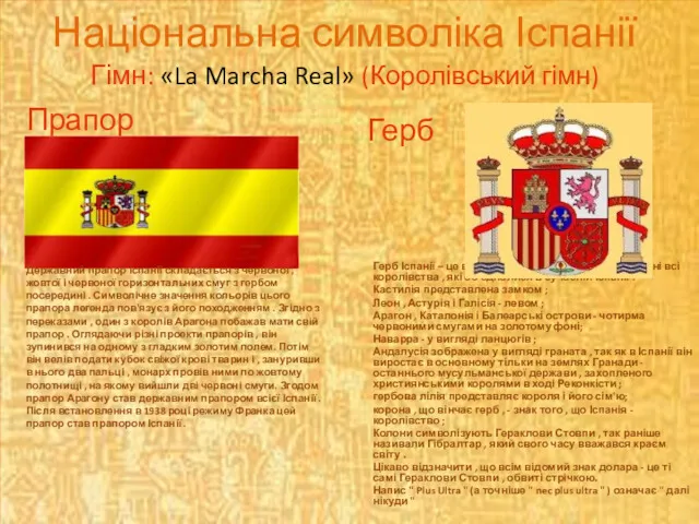 Національна символіка Іспанії Гімн: «La Marcha Real» (Королівський гімн) Герб