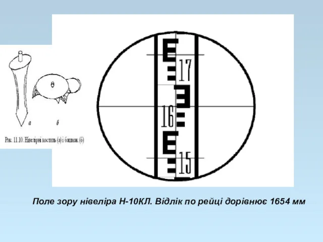 Поле зору нівеліра Н-10КЛ. Відлік по рейці дорівнює 1654 мм