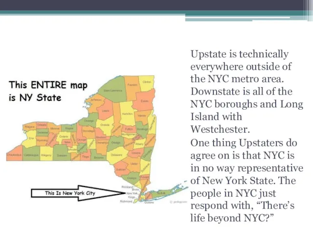 Upstate Vs. Downstate Upstate is technically everywhere outside of the