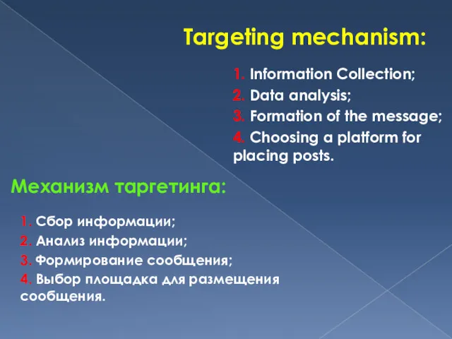 Механизм таргетинга: Targeting mechanism: 1. Сбор информации; 2. Анализ информации;