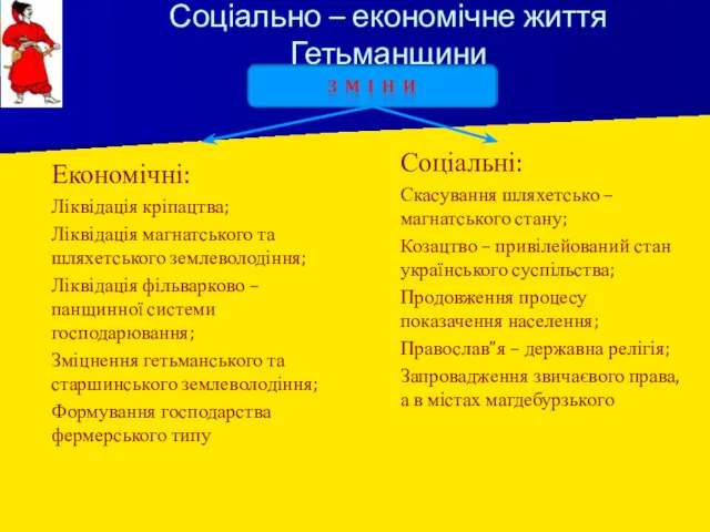 Соціально – економічне життя Гетьманщини Економічні: Ліквідація кріпацтва; Ліквідація магнатського