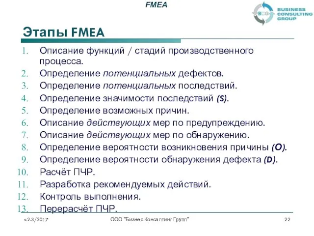 Этапы FMEA Описание функций / стадий производственного процесса. Определение потенциальных
