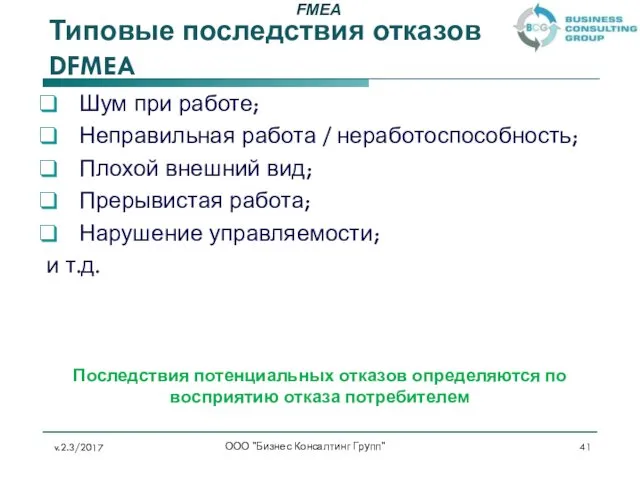 Типовые последствия отказов DFMEA Шум при работе; Неправильная работа /