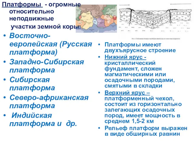 Платформы - огромные относительно неподвижные участки земной коры: Восточно-европейская (Русская