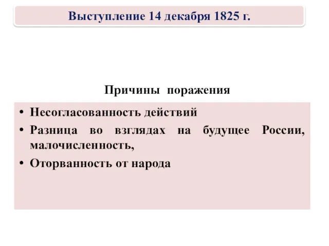 Причины поражения Несогласованность действий Разница во взглядах на будущее России,