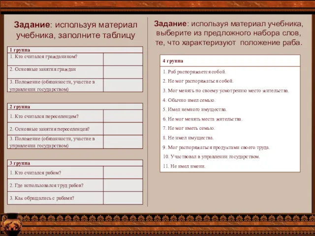 Задание: используя материал учебника, заполните таблицу Задание: используя материал учебника,