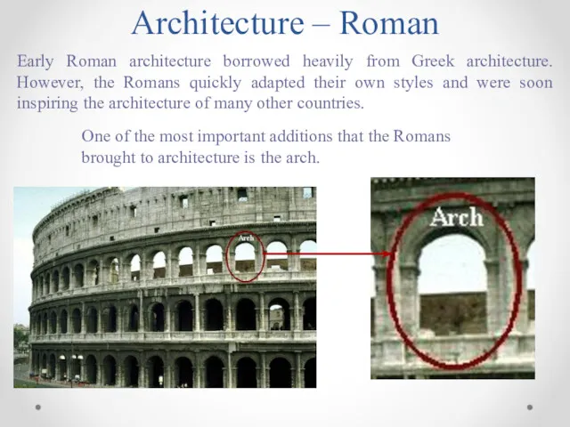 Architecture – Roman Early Roman architecture borrowed heavily from Greek