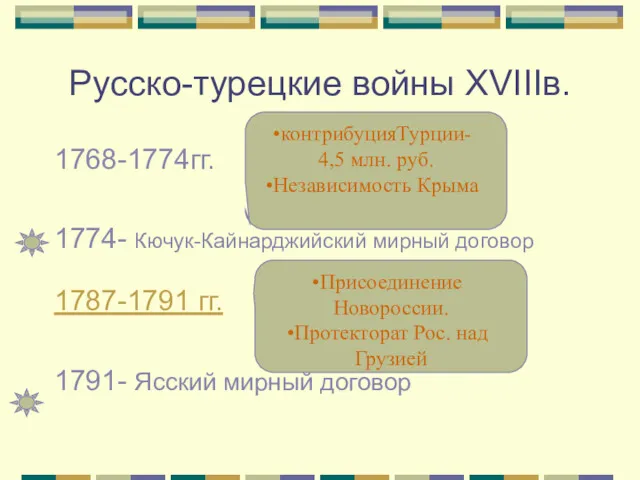 Русско-турецкие войны XVIIIв. 1768-1774гг. 1774- Кючук-Кайнарджийский мирный договор 1787-1791 гг. 1791- Ясский мирный