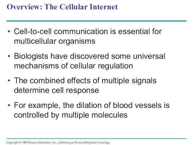 Overview: The Cellular Internet Cell-to-cell communication is essential for multicellular organisms Biologists have