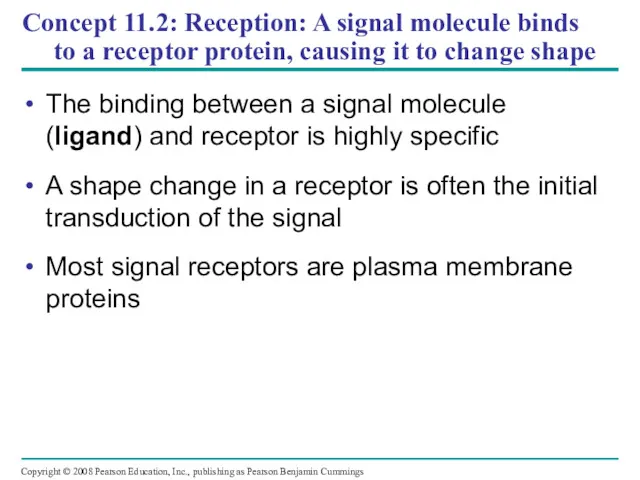 Concept 11.2: Reception: A signal molecule binds to a receptor protein, causing it