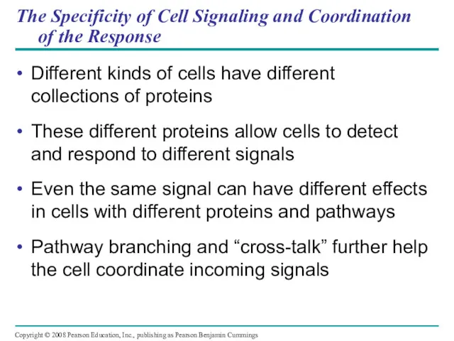 The Specificity of Cell Signaling and Coordination of the Response Different kinds of