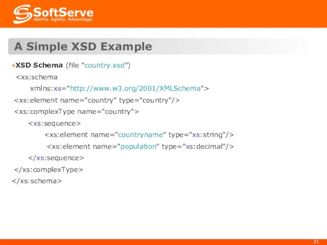 A Simple XSD Example XSD Schema (file "country.xsd") xmlns:xs="http://www.w3.org/2001/XMLSchema">