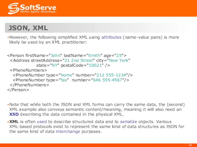 JSON, XML state="NY" postalCode="10021" /> However, the following simplified XML